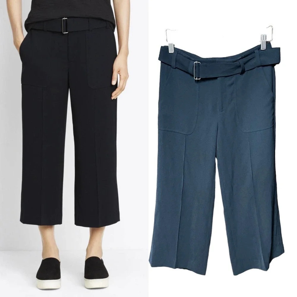 Vince Belted Cropped Trouser Pants Navy Blue Size 4